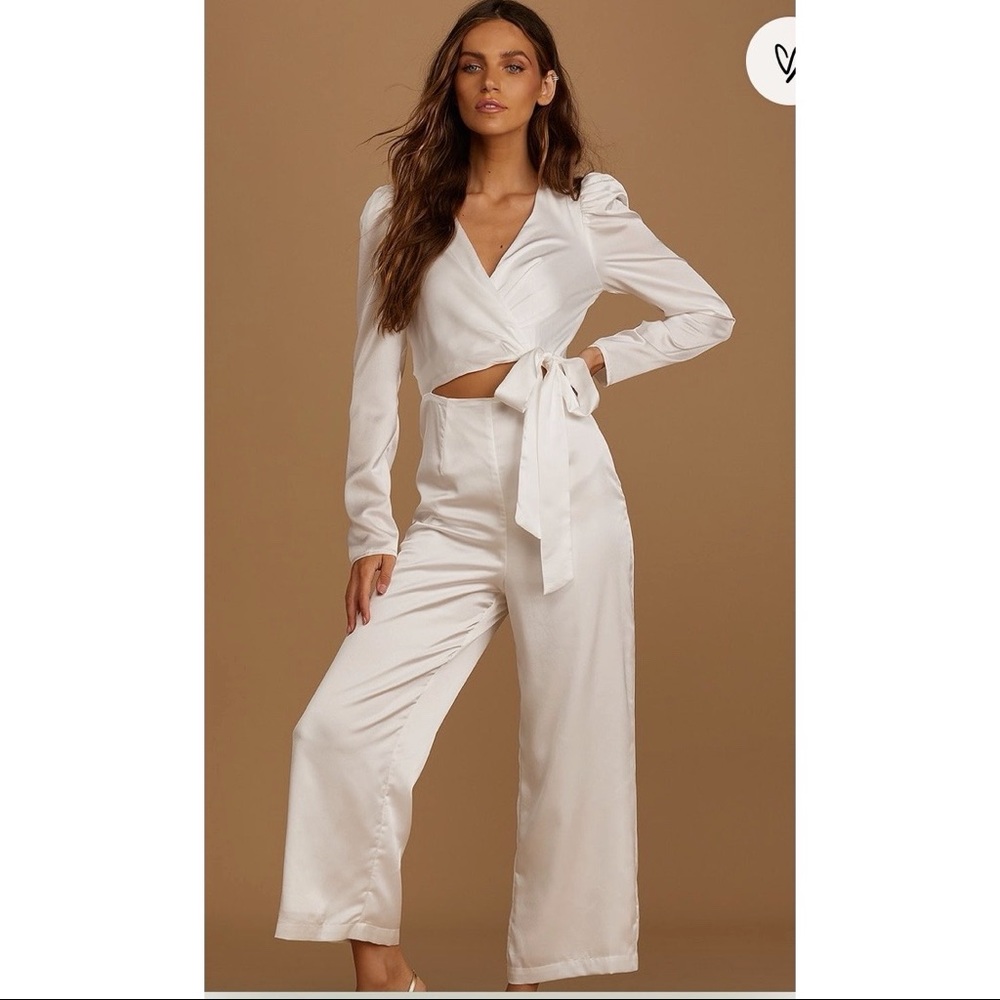 Swooning Over You White Satin Long Sleeve Cutout Jumpsuit